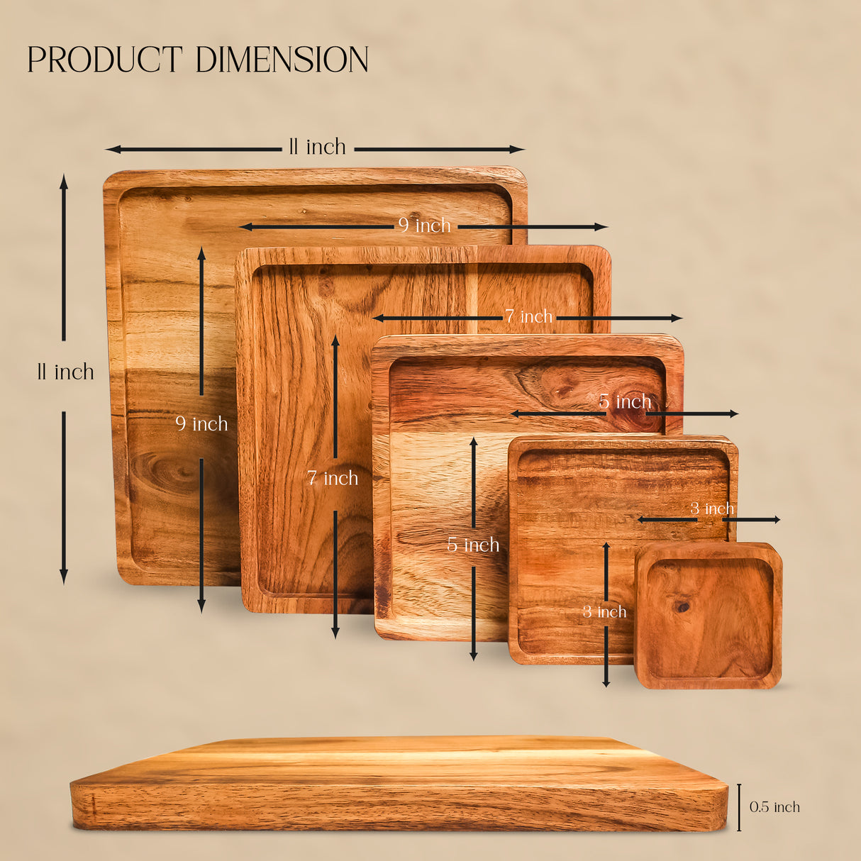 Premium Wooden Square Platters Set of 5 – Serving Trays for Appetizers & Snacks