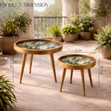 Handcrafted Wooden Coffee Table Set of 2 – Round Nesting Side Tables with Floral Inlay Top – Solid Wood Accent Tables for Living Room, Balcony & Bedroom Décor