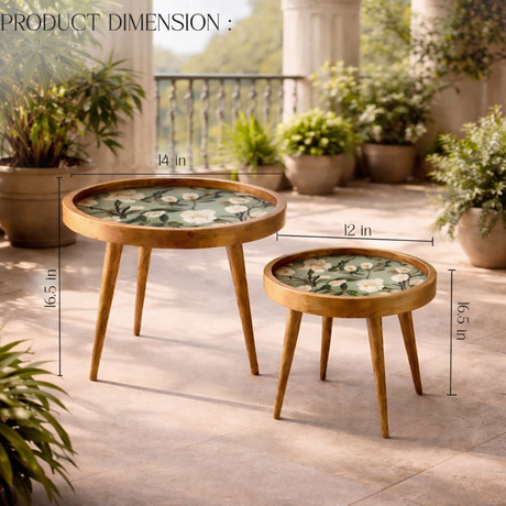 Handcrafted Wooden Coffee Table Set of 2 – Round Nesting Side Tables with Floral Inlay Top – Solid Wood Accent Tables for Living Room, Balcony & Bedroom Décor