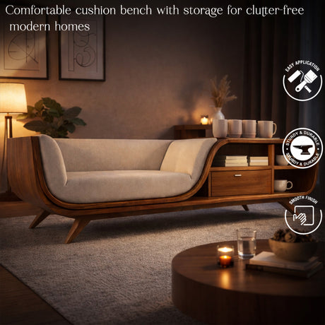 Mid-Century Modern Teak Wood Storage Sofa Bench with Shelves | Space-Saving Wooden Couch for Living Room Decor