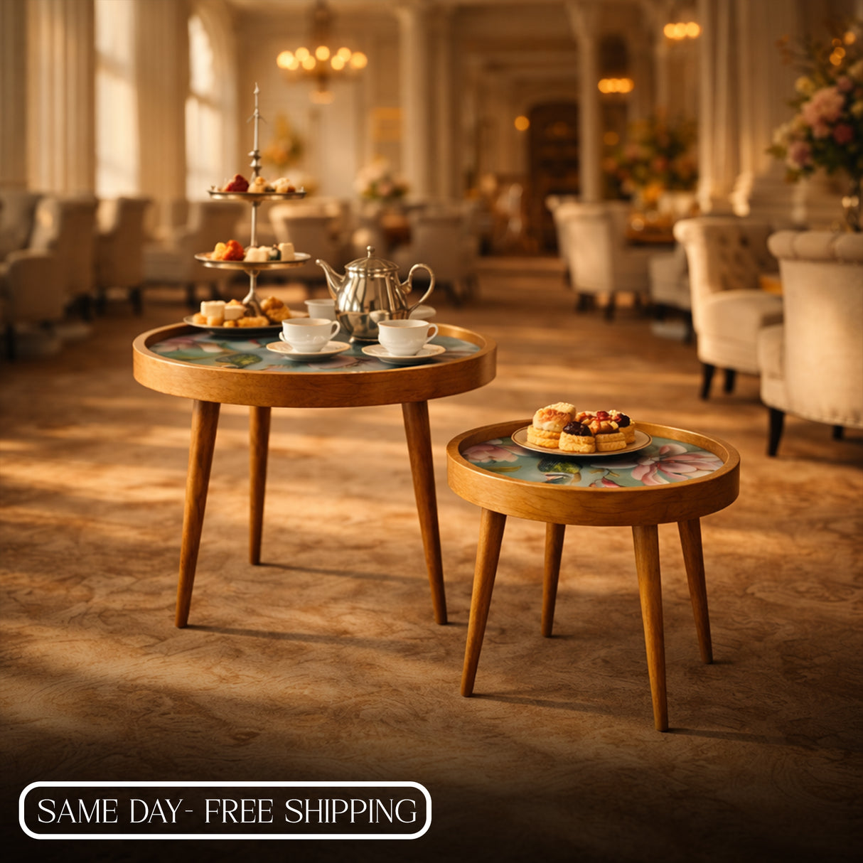 Handcrafted Wooden Round Coffee Table Set of 2 – Solid Wood Nesting Side Tables with Decorative Inlay Top for Living Room & Balcony