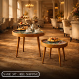 Handcrafted Wooden Round Coffee Table Set of 2 – Solid Wood Nesting Side Tables with Decorative Inlay Top for Living Room & Balcony