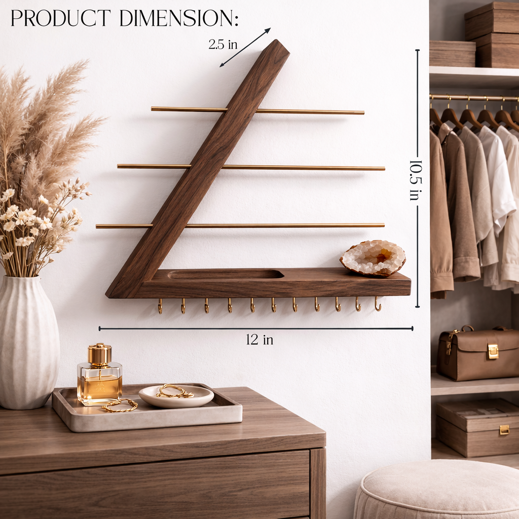 Modern Wooden Jewelry Organizer Wall Shelf with Brass Bars – Sculptural Display & Storage Rack for Necklaces, Earrings & Rings