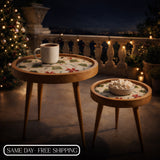 Handcrafted Wooden Coffee Table Set of 2 – Round Nesting Side Tables with Festive Printed Tray Top – Solid Wood Accent Tables for Living Room, Bedroom & Balcony Décor