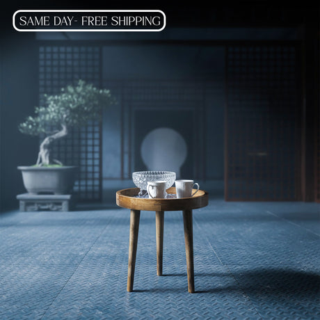 Handcrafted Wooden Round Side Table with Decorative Inlay Top – Solid Wood Accent Table for Living Room, Bedroom & Home Décor