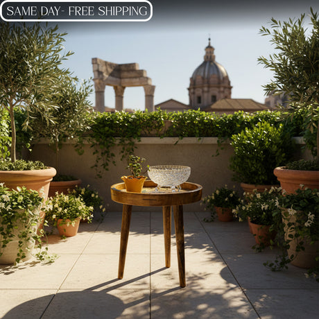 Handcrafted Wooden Round Side Table with Decorative Inlay Top – Solid Wood Accent Table for Living Room, Bedroom & Home Décor