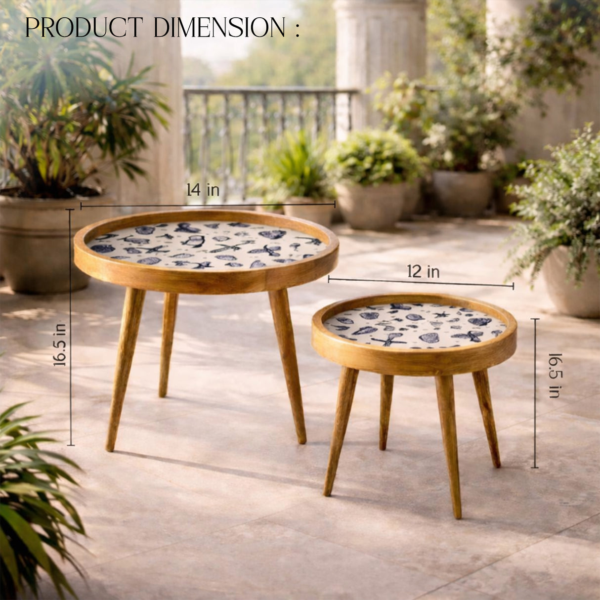 Solid Wood Round Coffee Table Set of 2 with Coastal Seashell & Starfish Print - Handmade Tray-Top Nesting Side Tables for Living Room, Bedroom & Balcony Décor