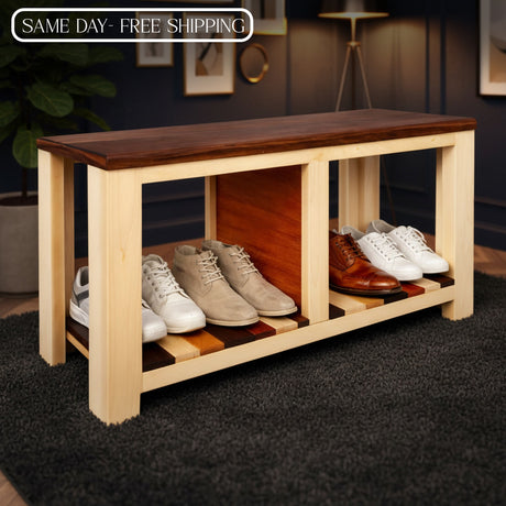 Solid Wood Shoe Rack Bench with Seating | 2-Tier Shoe Storage Organizer for Entryway, Living Room & Bedroom