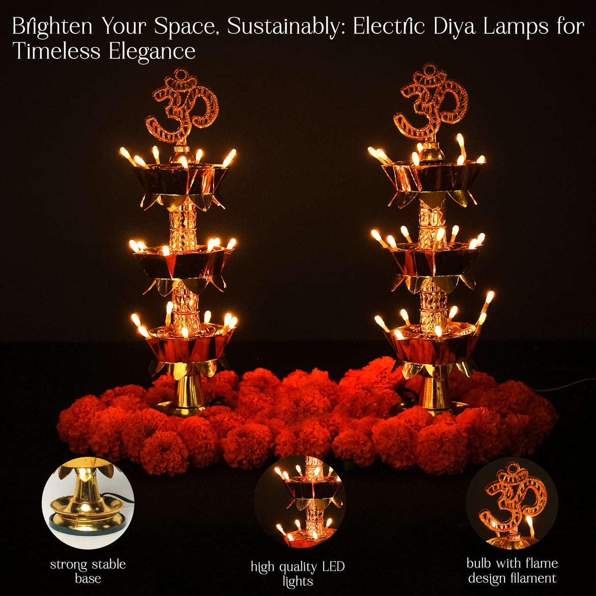 Saleberate Electric Golden LED Diya Lamp with Om Design | Multi-Layer Temple Pooja Diya Light for Home, Mandir & Festivals