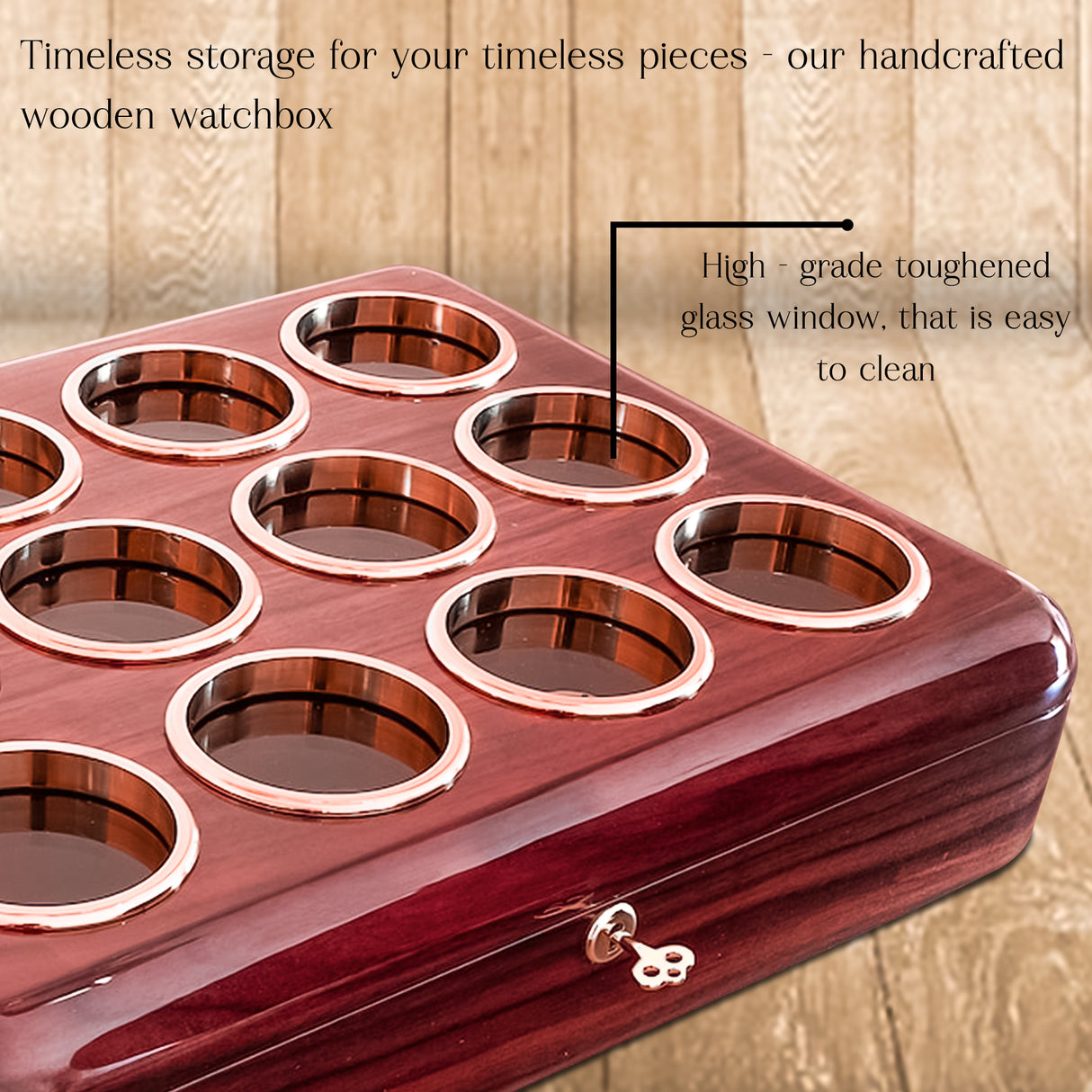 Luxury Acacia Wood Watch Box with Glass Lid, 12-Slot Watch Organizer with Key Lock