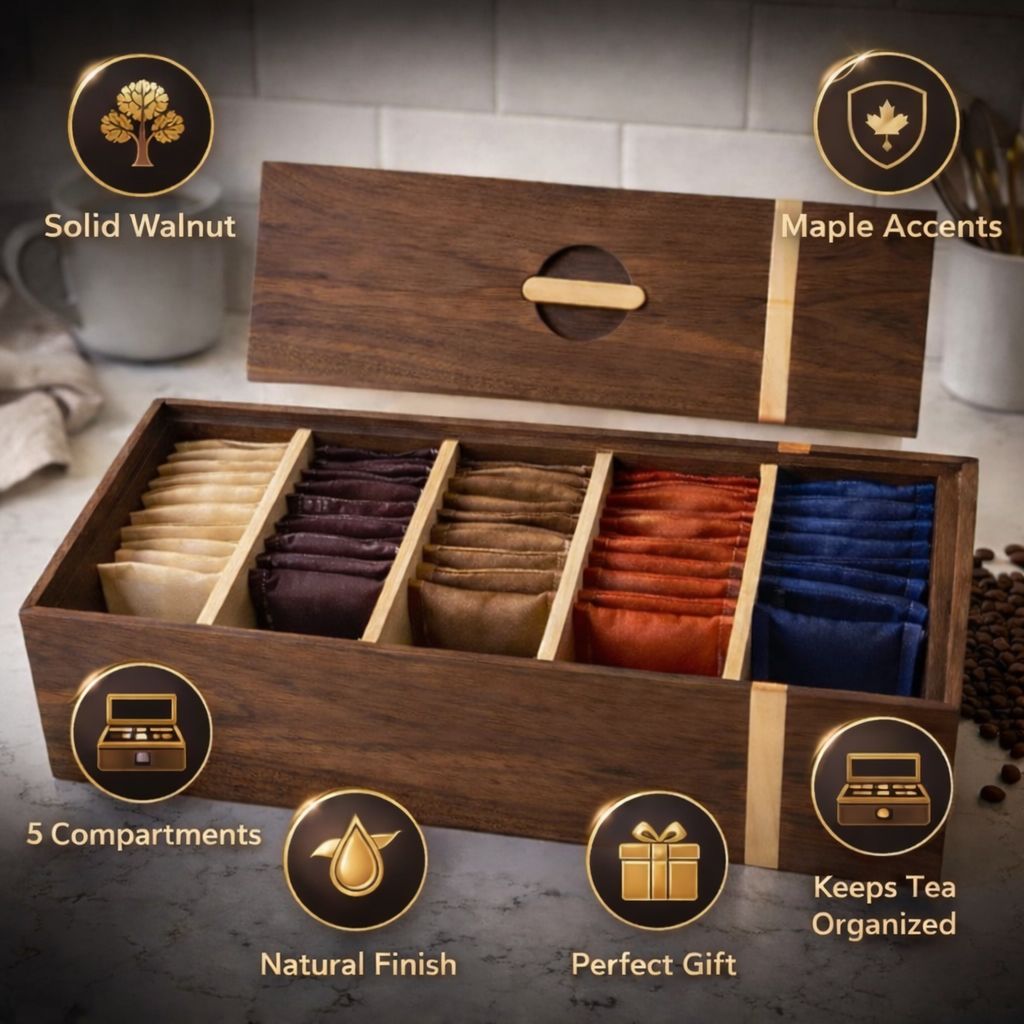 Luxury Walnut Tea Box with Maple Inlay – Wooden Tea Organizer for Tea Bags, Kitchen & Gifts