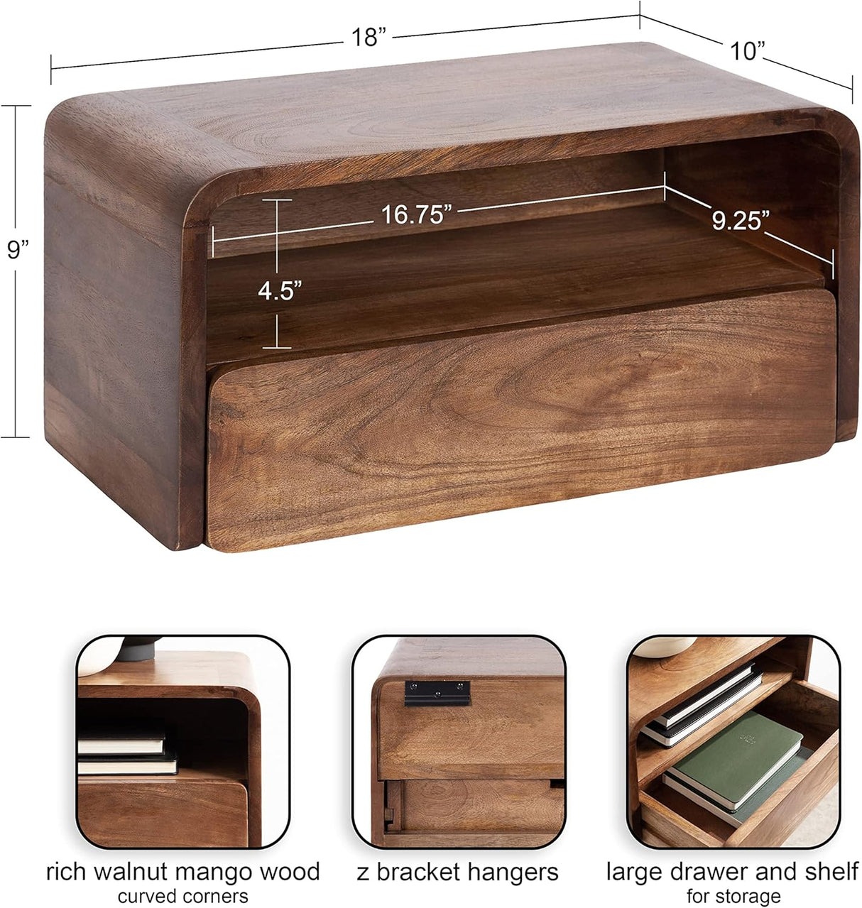 Modern  Floating Side Table with Drawer 18 x 10 x 9 Inches