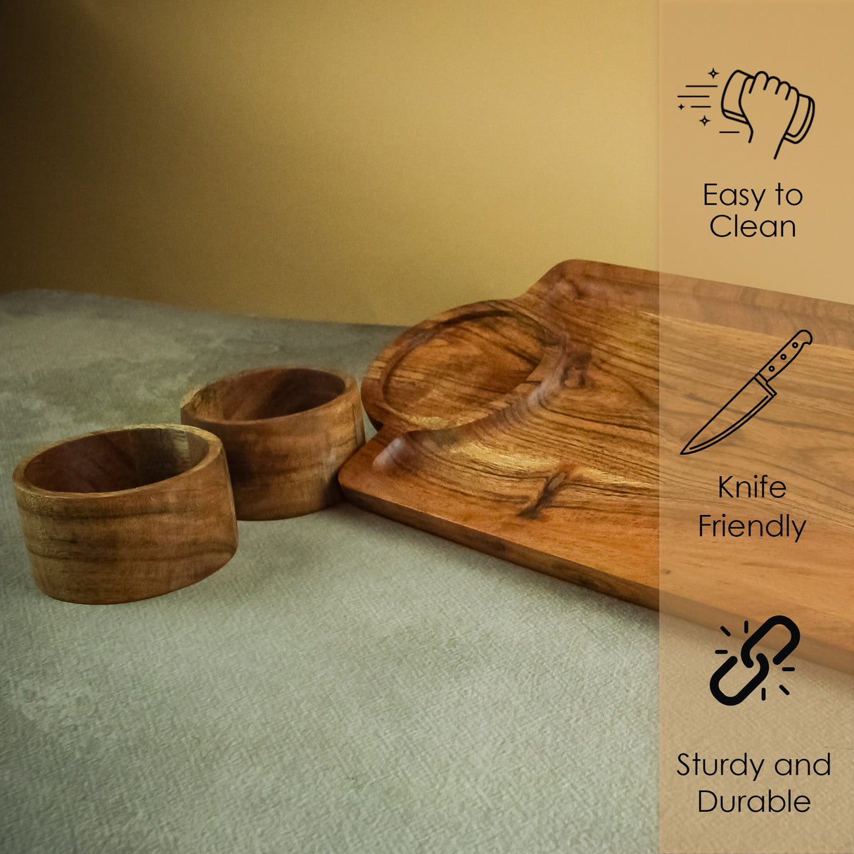 Wooden Serving Tray with 2 Dip Holders – Acacia Platter for Snacks & Entertaining