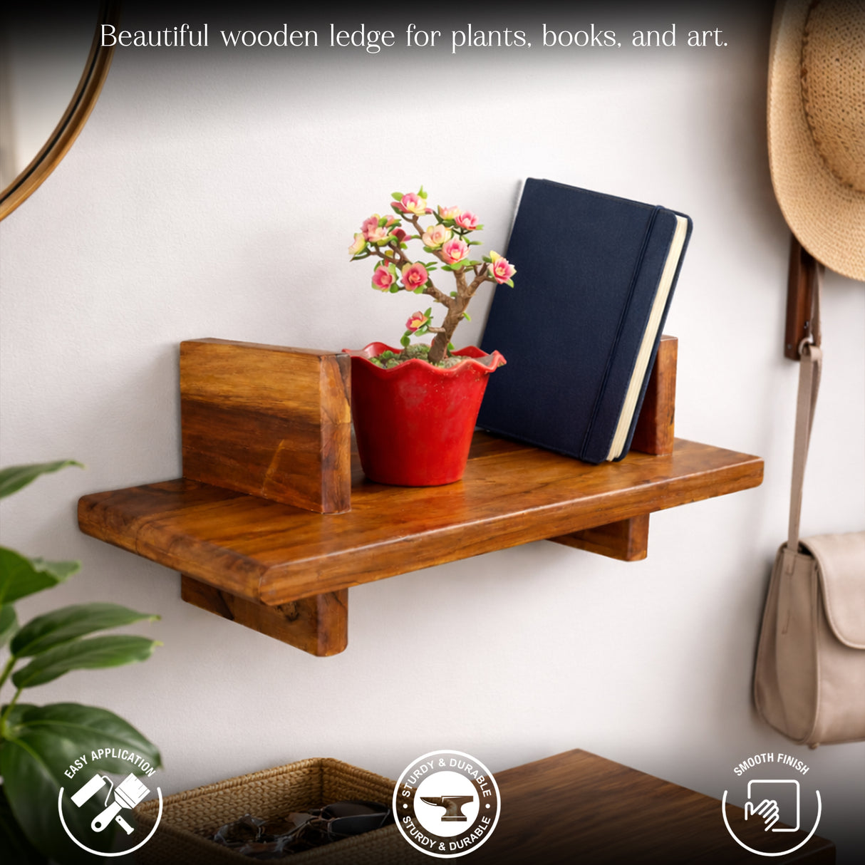 Wooden Floating Shelf Wall Mounted – Minimal Ledge Shelf for Plants, Books, Bathroom & Entryway Decor