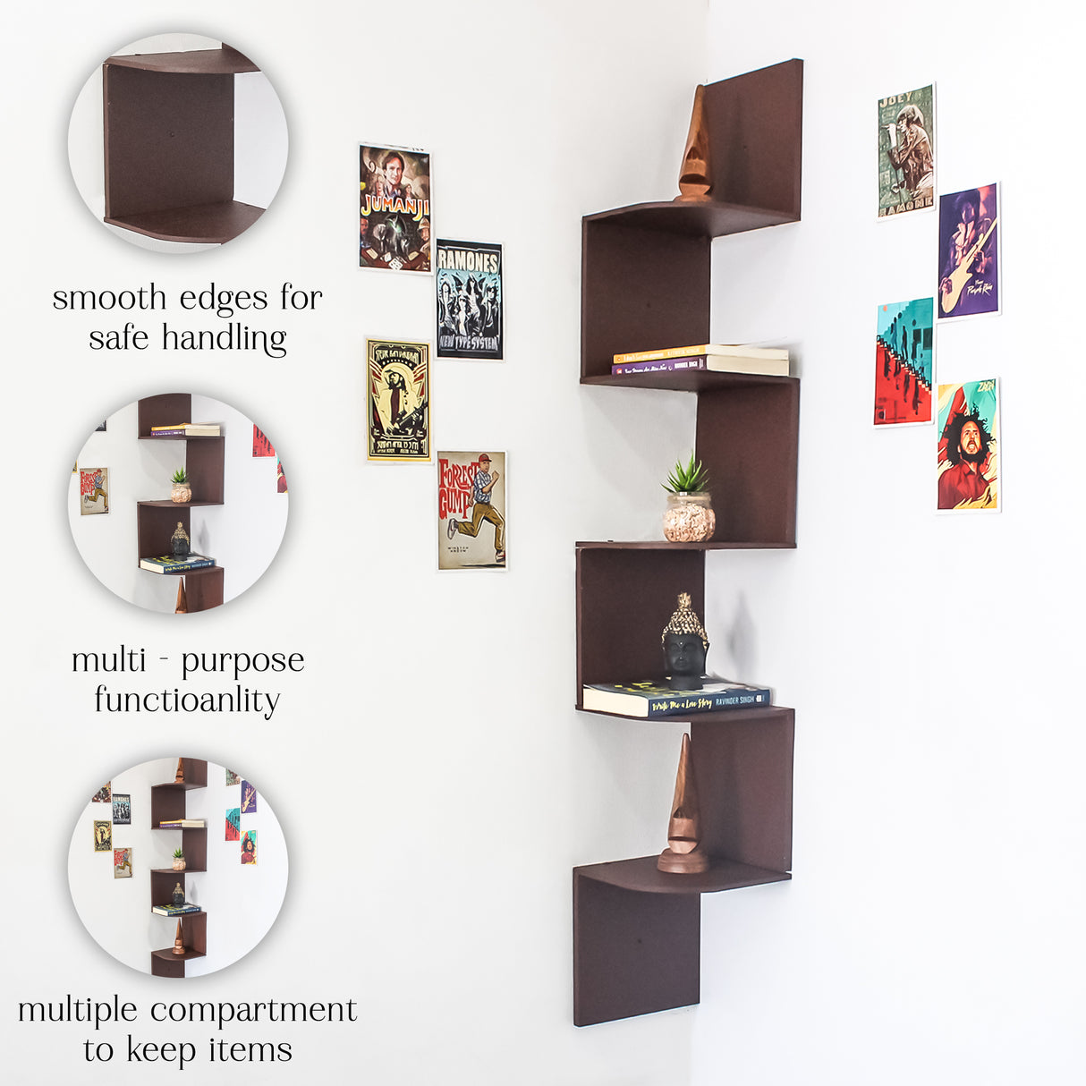 5-Tier Floating Corner Wall Shelf (Brown)