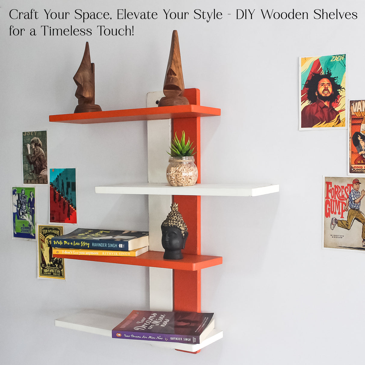 Modern Wooden Floating DIY Wall Shelf (Orange)