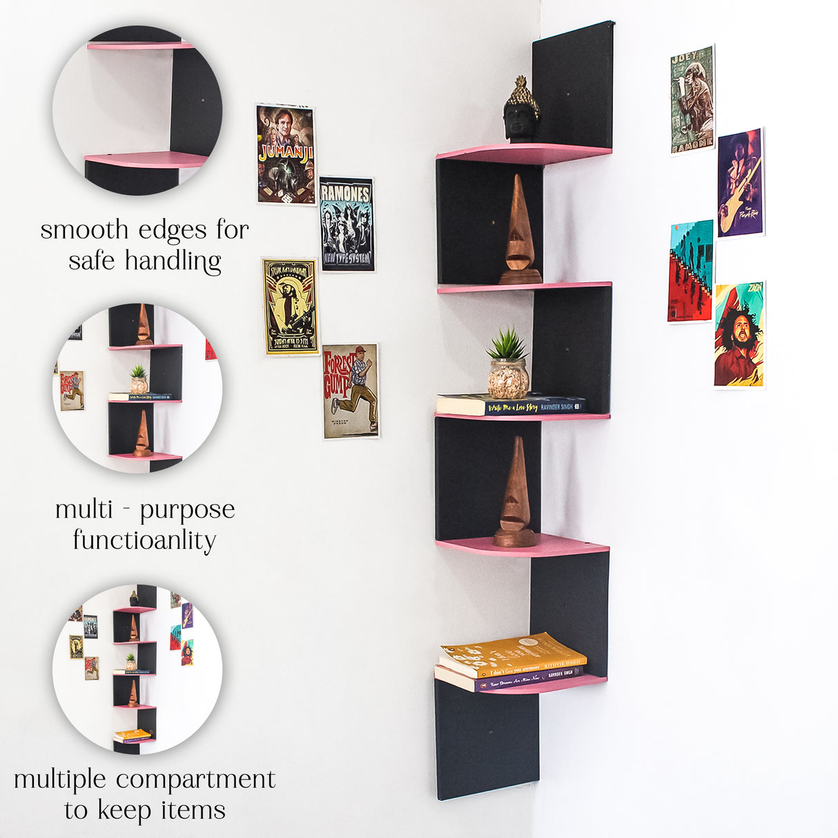 5-Tier Floating Corner Wall Shelf (Pink)