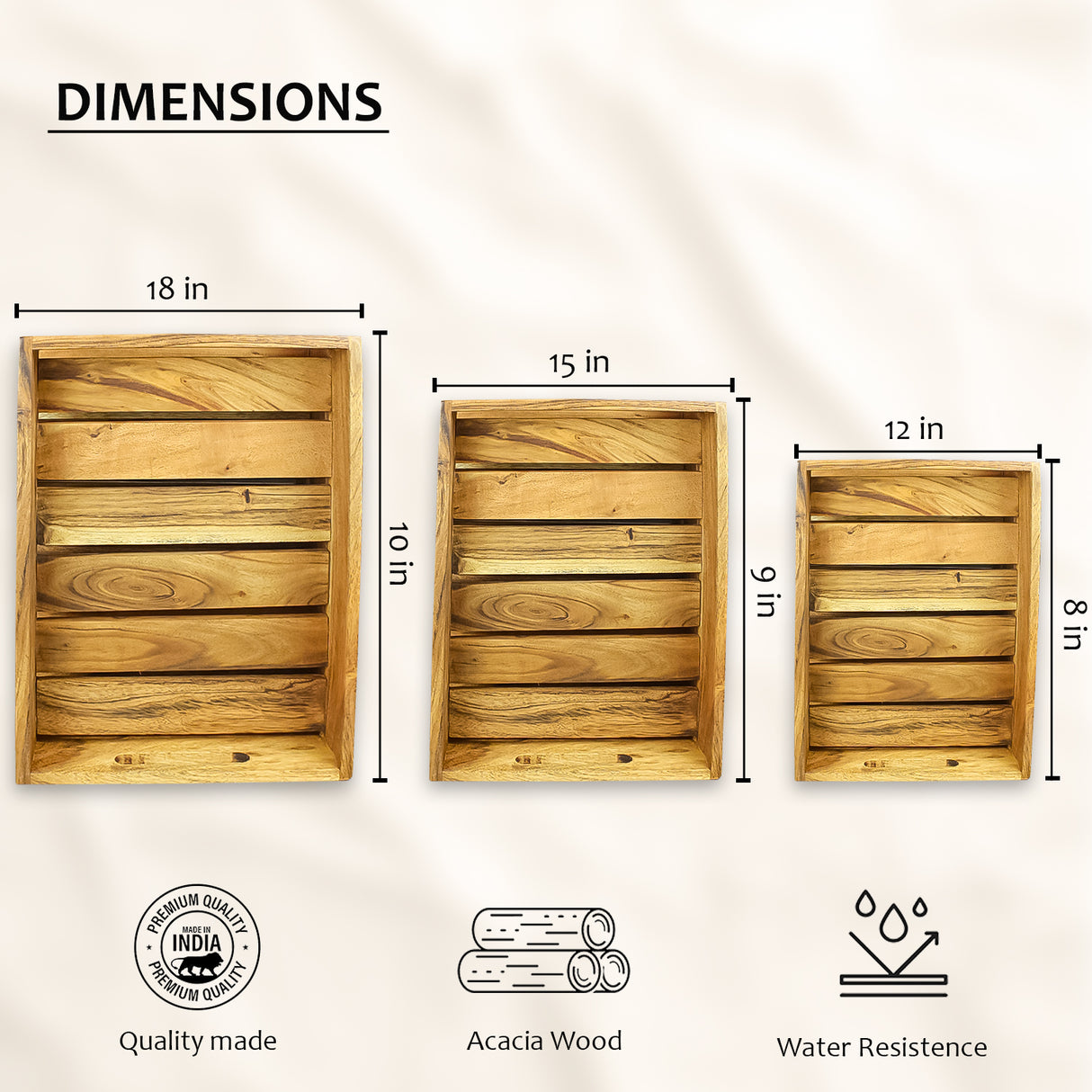 Wooden Tray Set of 3 with Handles – Acacia Wood Serving Trays for Coffee & Kitchen