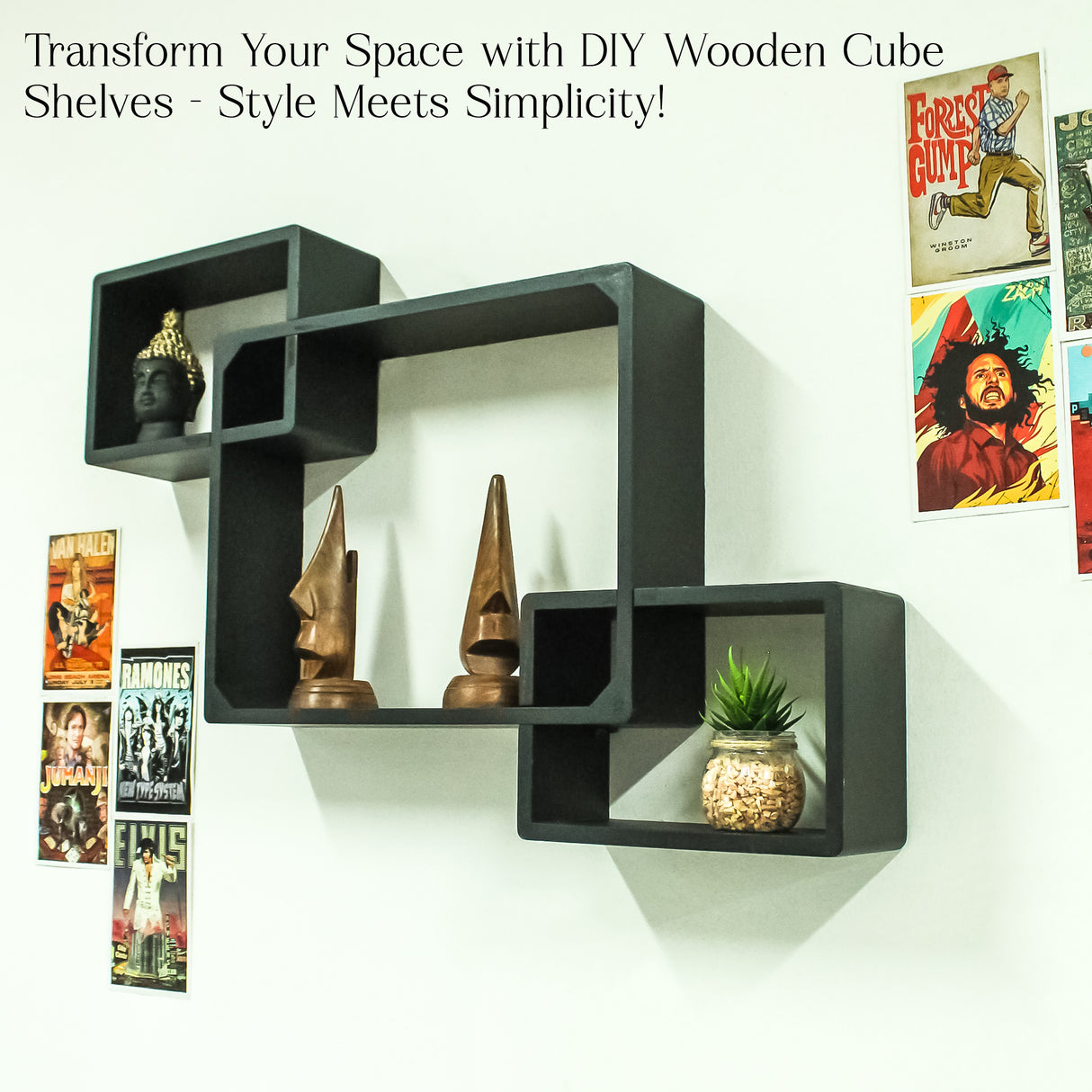 Cube Floating Shelves, 3 Square  Decorative Wall Shelf (Black)