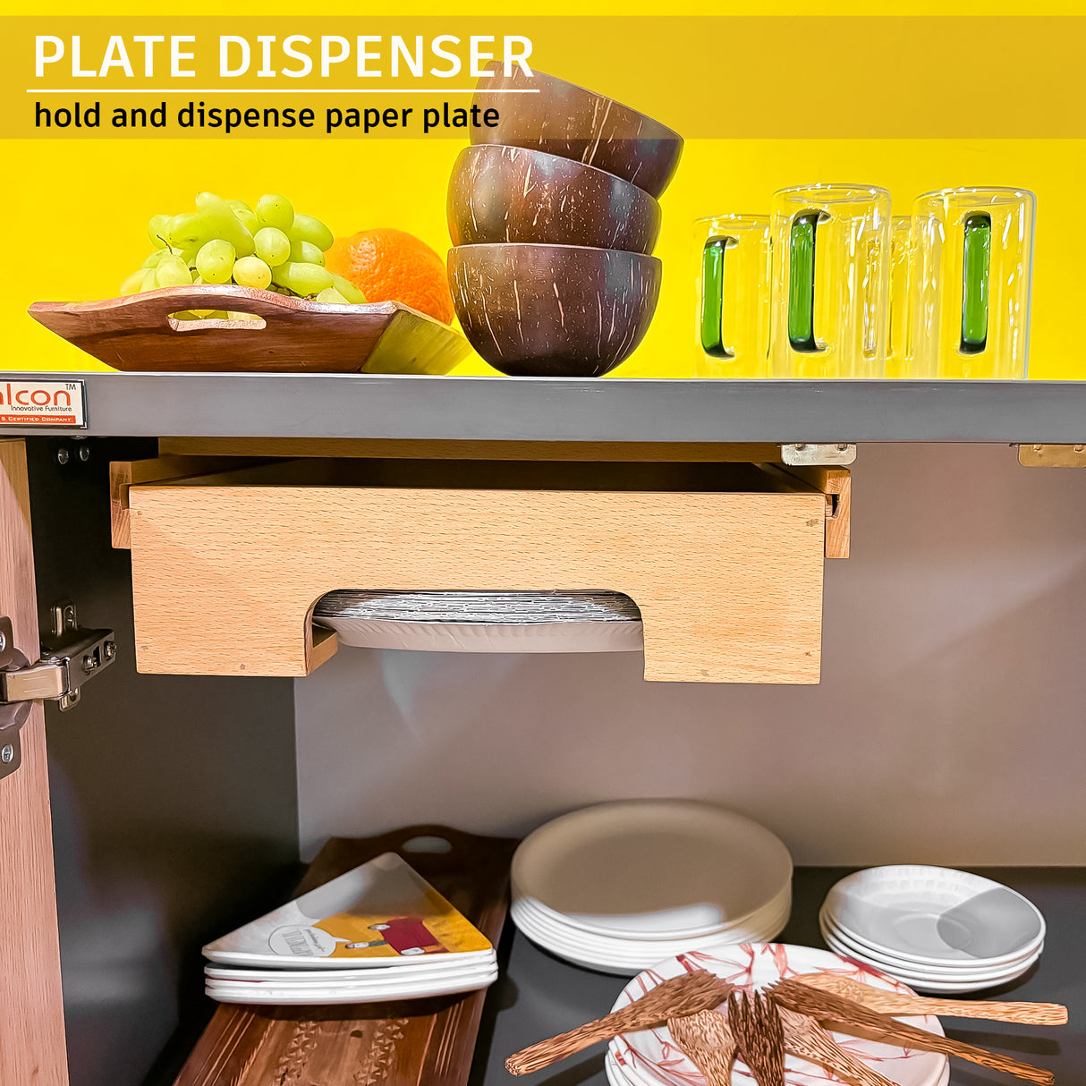 Wooden Paper Plate Dispenser – Plate Organizer for Kitchen, Dining & Party Use