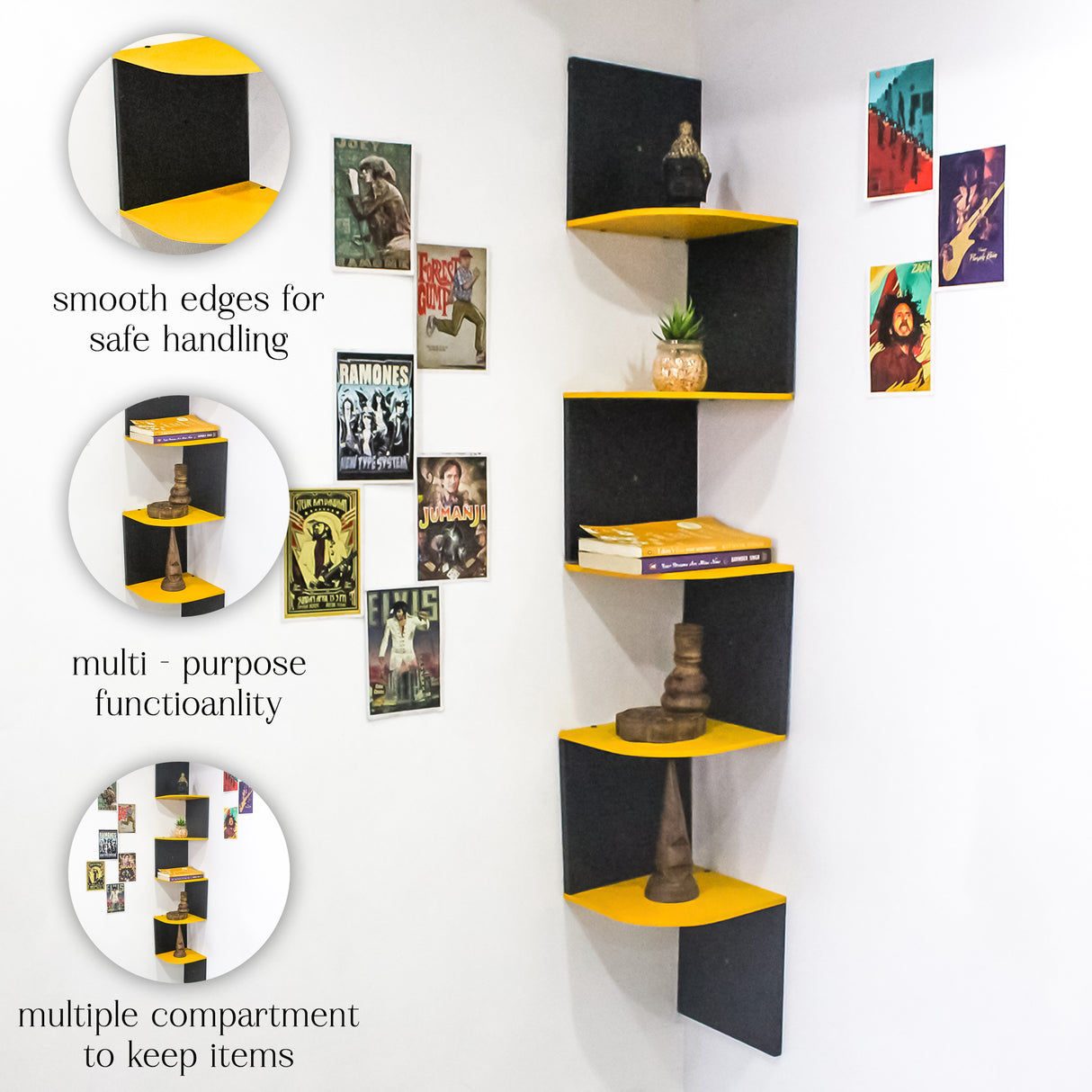 5-Tier Floating Corner Wall Shelf (Yellow & Black)