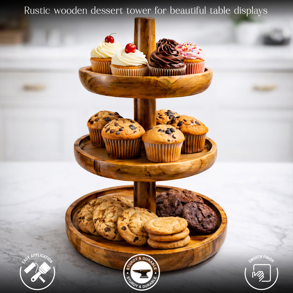 DIY 3 Tier Wooden Serving Stand – Rustic Dessert Tower for Cakes, Snacks & Fruits – Handmade Serving Tray for Parties & Home Decor