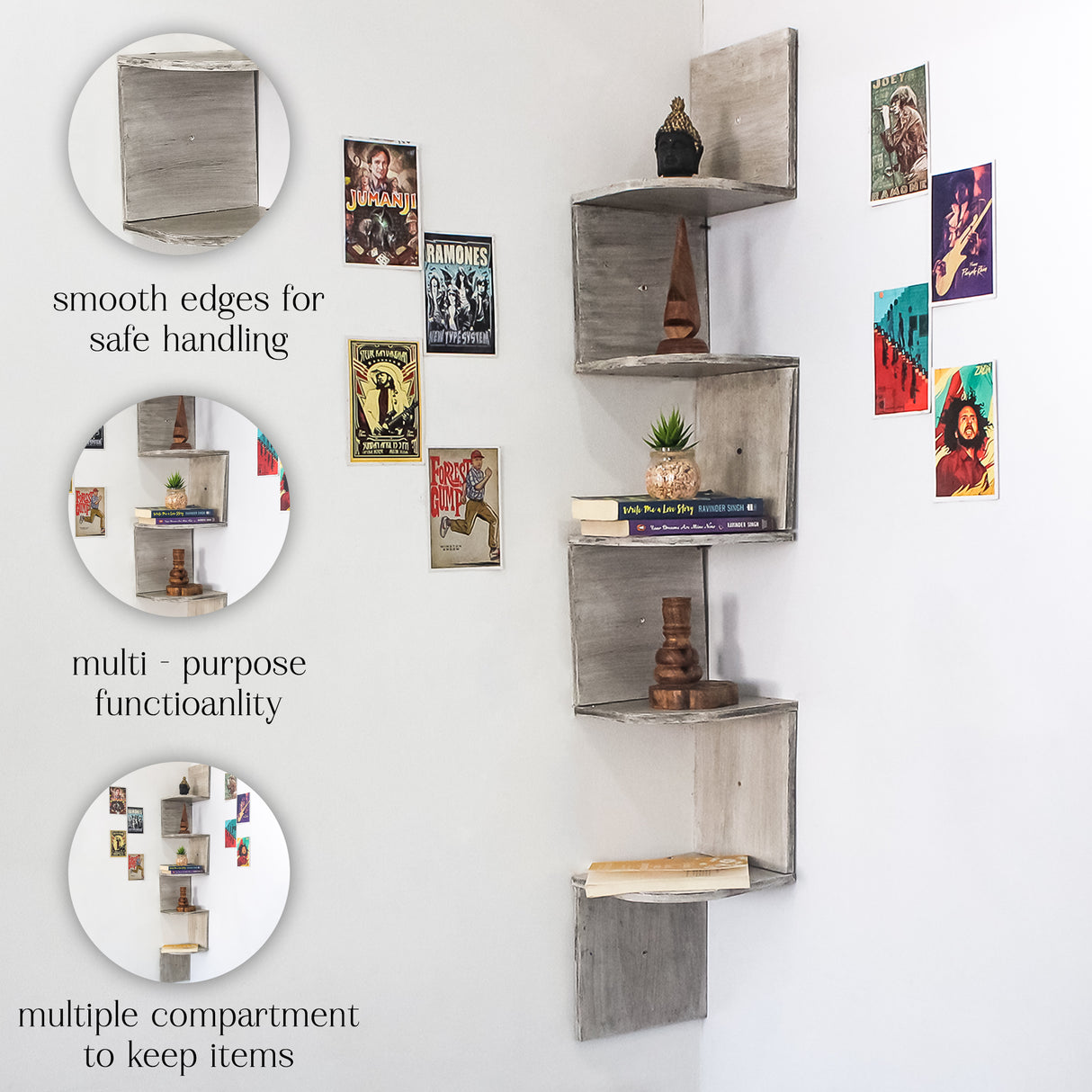 5-Tier Floating Corner Wall Shelf (Gray)