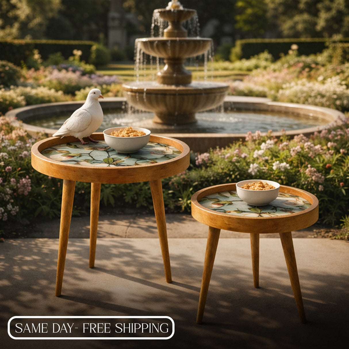 Handcrafted Wooden Coffee Table Set of 2 – Round Nesting Side Tables with Floral Inlay Top – Solid Wood Accent Tables for Living Room, Balcony & Bedroom Décor