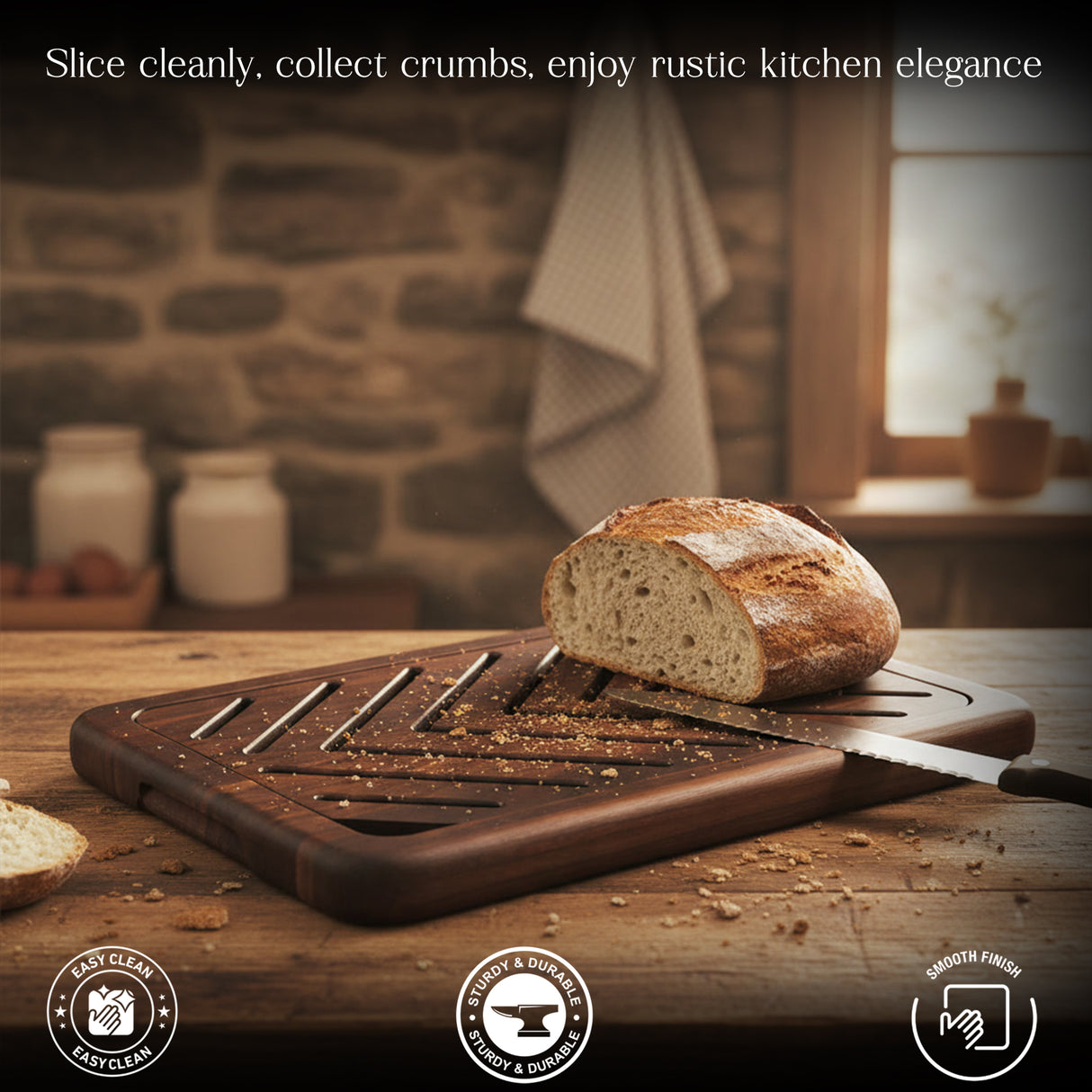 Handcrafted Walnut Bread Cutting Board with Removable Crumb Tray – Rustic Wooden Bread Slicer for Sourdough, Artisan Loaf & Kitchen Serving – Durable Premium Kitchen Board