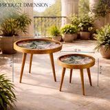 Handcrafted Wooden Round Coffee Table Set of 2 – Solid Wood Nesting Side Tables with Decorative Inlay Top for Living Room & Balcony