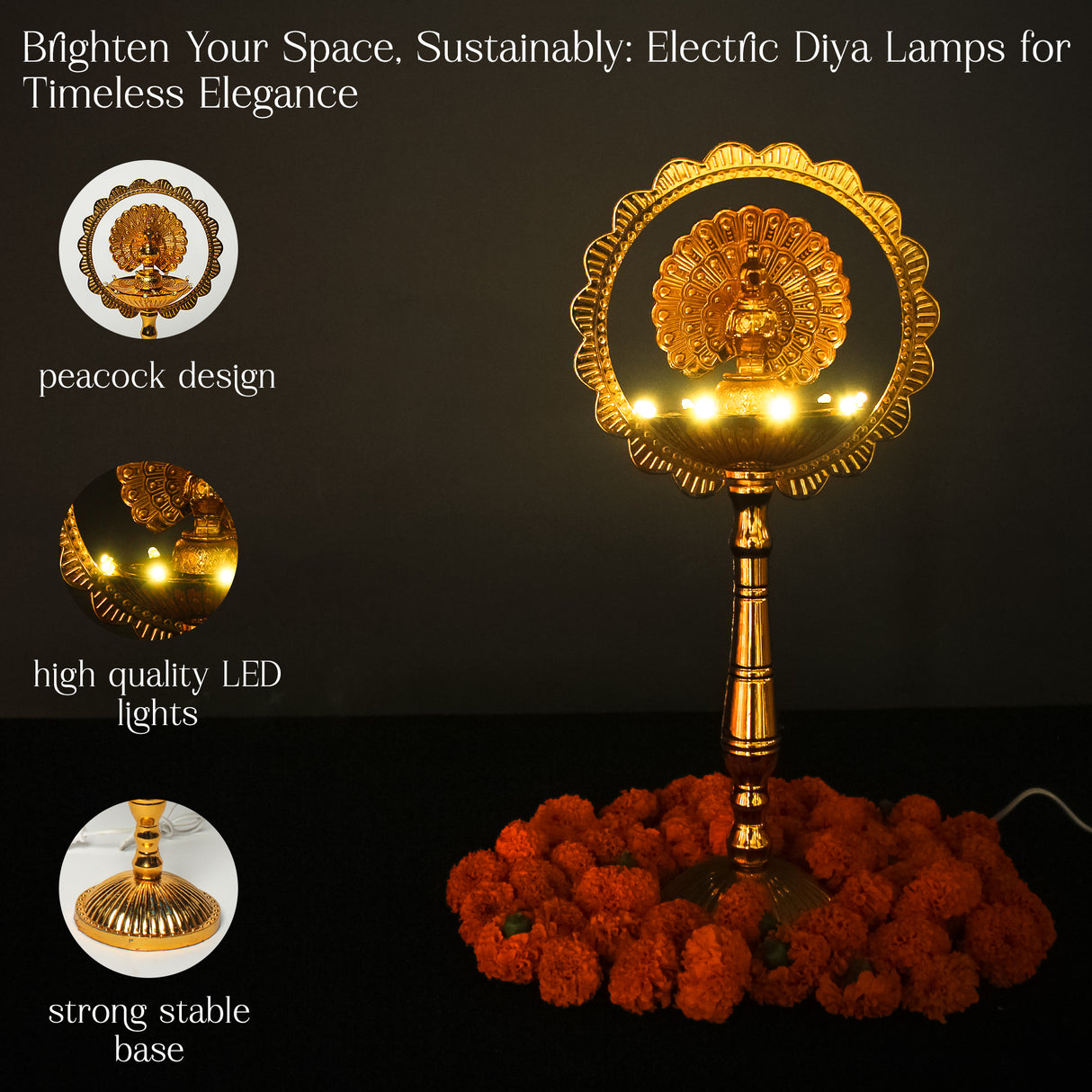 Saleberate Electric LED Diya Lamp - Golden Plastic Pooja Light with Peacock Design - Home Temple Decor, Mandir Diya for Diwali & Religious Ceremonies (15 Inch)