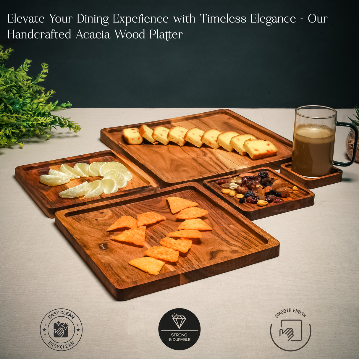 Premium Wooden Square Platters Set of 5 – Serving Trays for Appetizers & Snacks