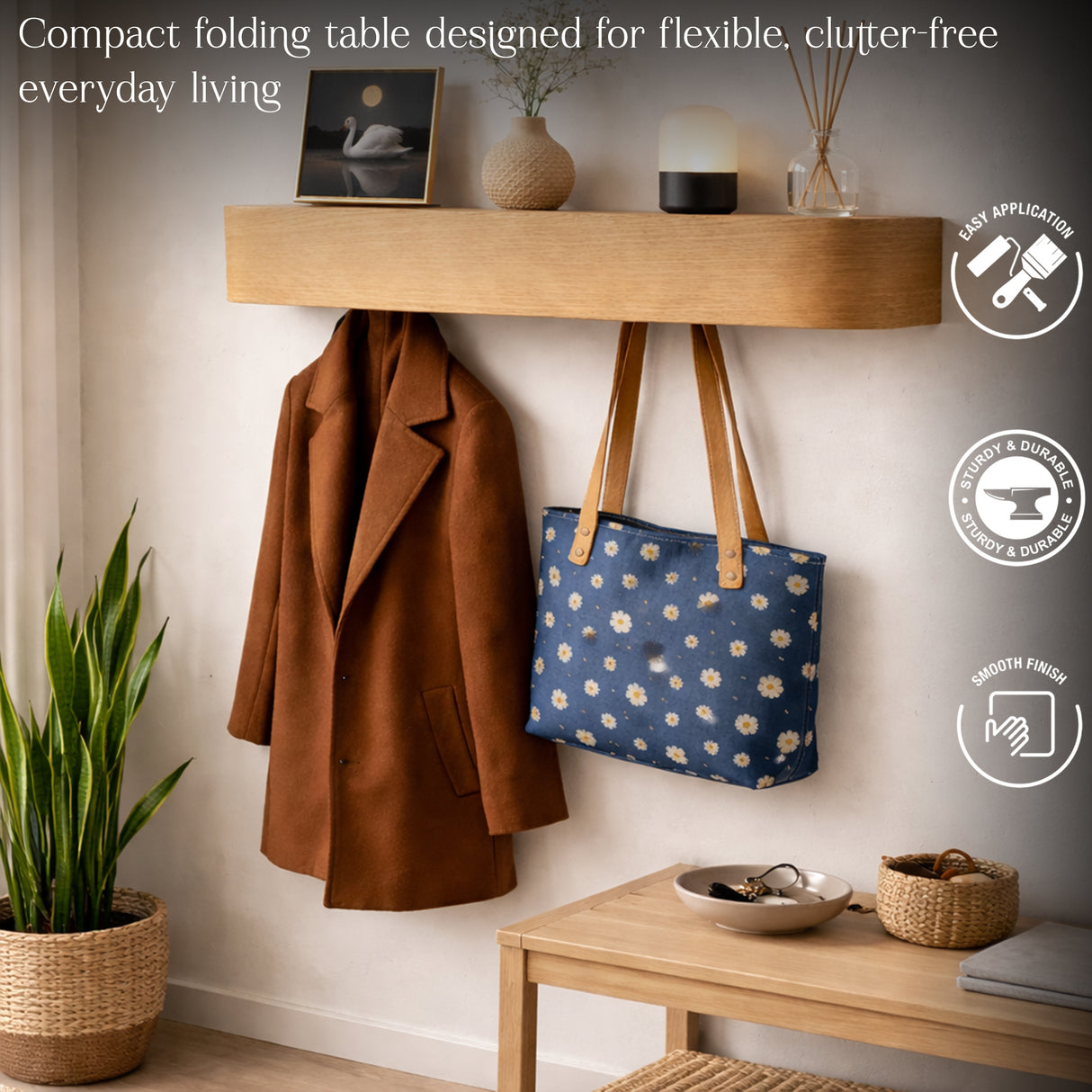 Floating Wall Shelf with Hooks – Wooden Entryway Organizer, Key Holder, Coat Rack & Storage Shelf for Home
