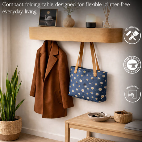 Floating Wall Shelf with Hooks – Wooden Entryway Organizer, Key Holder, Coat Rack & Storage Shelf for Home