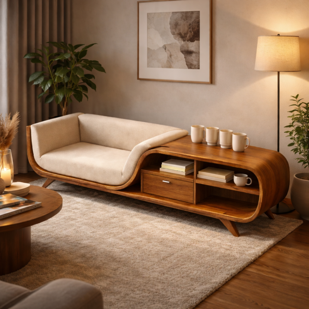 Mid-Century Modern Teak Wood Storage Sofa Bench with Shelves | Space-Saving Wooden Couch for Living Room Decor