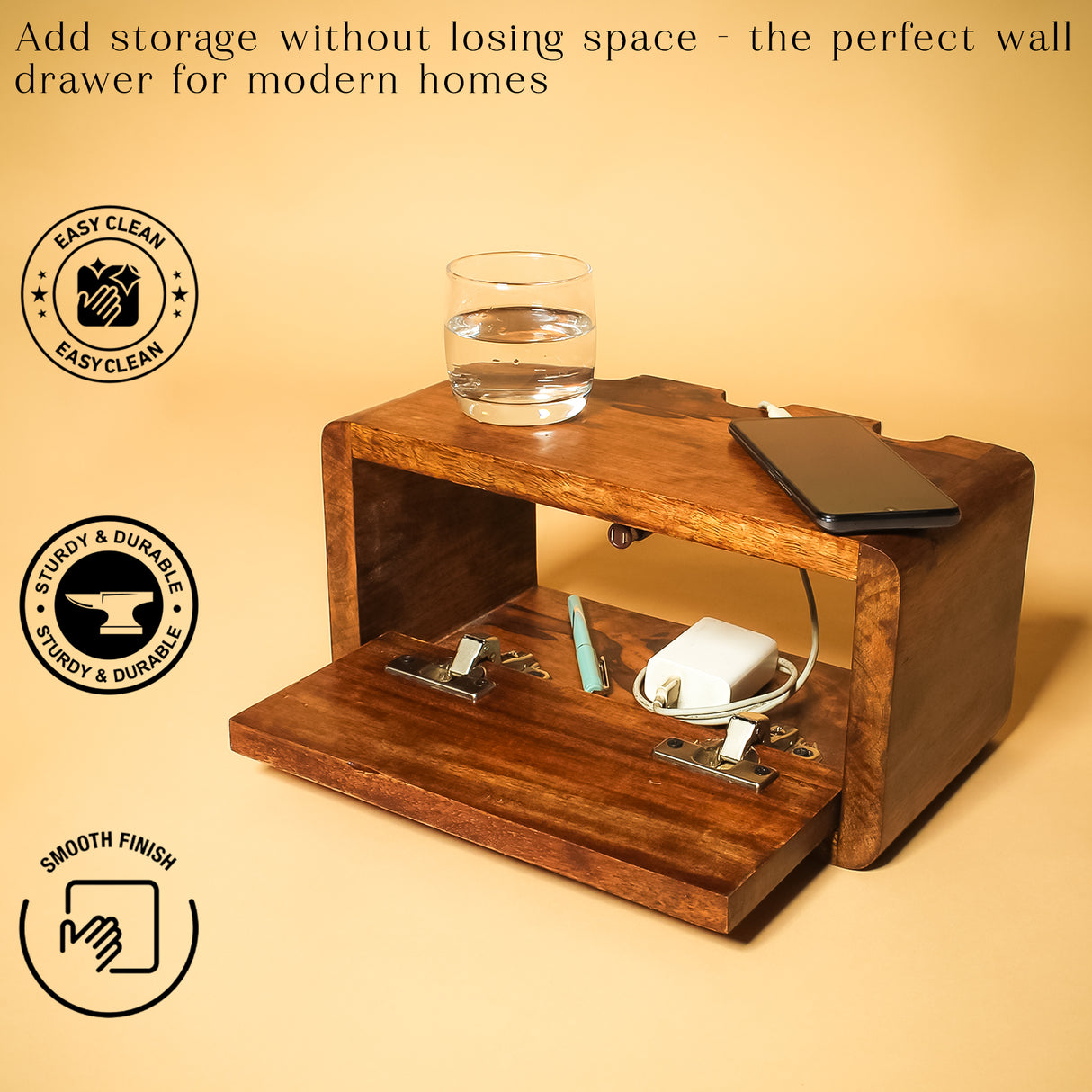 Wooden Cable Management Box with Drawer – Floating Wall Mount Storage Shelf, Cord Organizer, Wooden Cord Box for Wires, Chargers, Gadgets – Wood Cable Hider for Home & Office