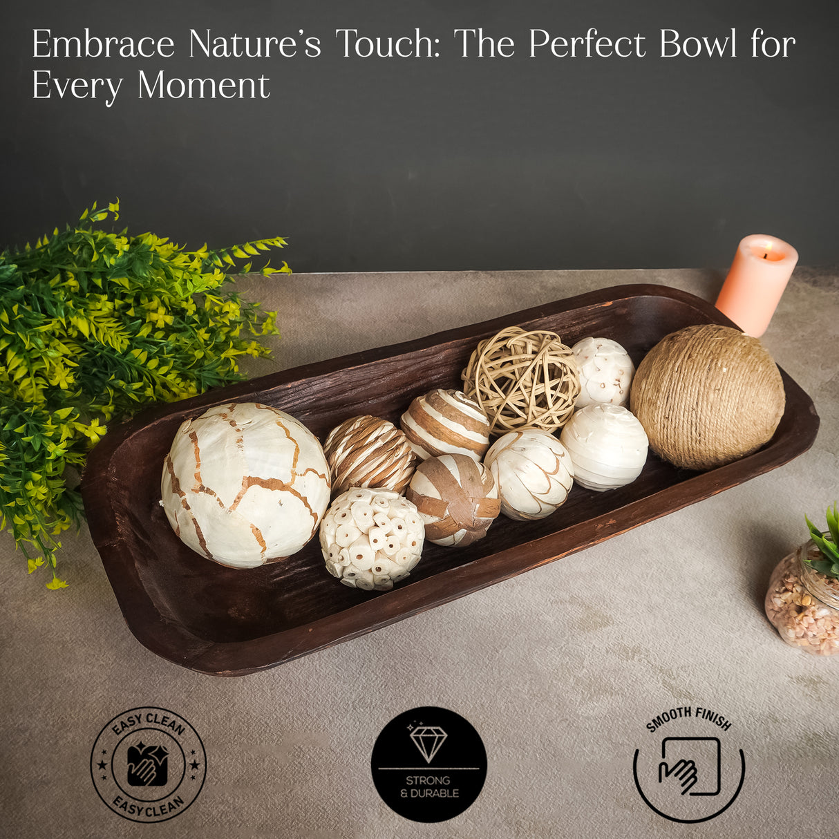 Wooden Dough Bowl Combo with Decorative Balls for Kitchen and Home Décor