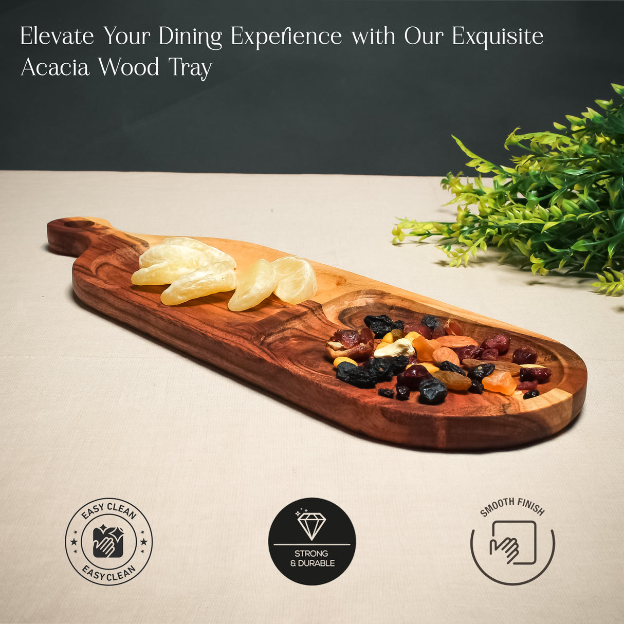 Long Acacia Wood 2-Section Serving Board with Handle – Dark Finish for Cheese & Meat