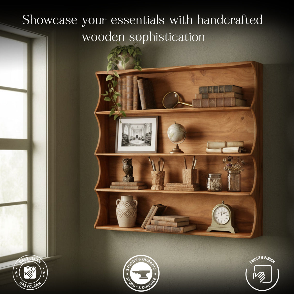 Handcrafted Solid Wood Wall Shelf – Elegant Floating Bookshelf for Living Room, Study & Office – Decorative Storage & Display Rack