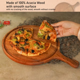 Round Pizza Platter with Handle, Acacia Wood Pizza Peel, Multipurpose Serving Tray