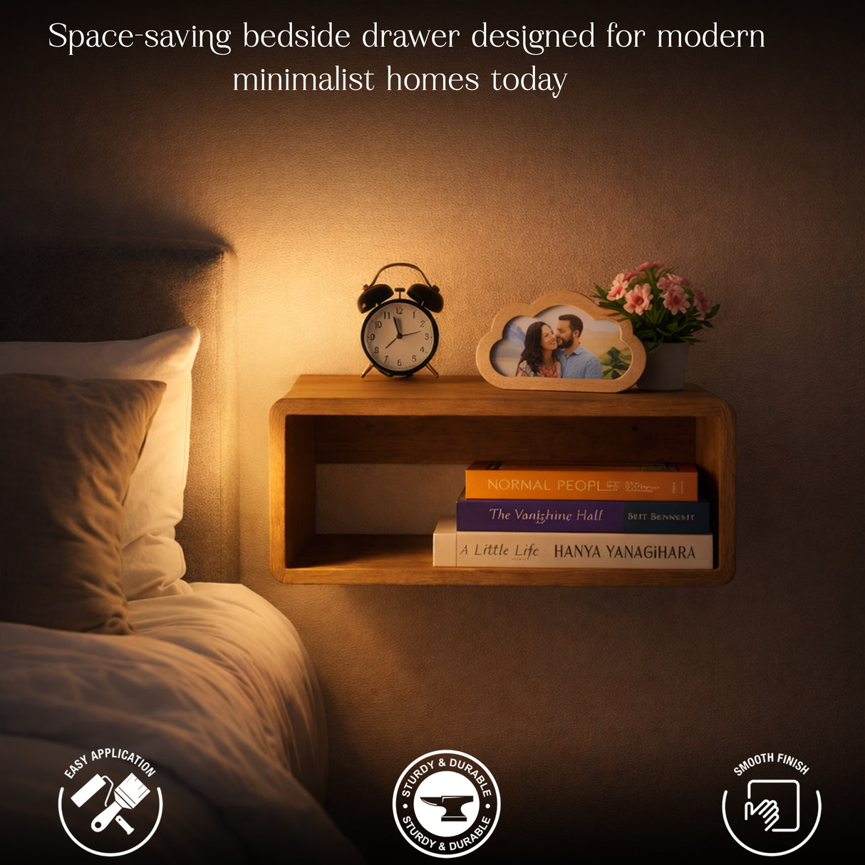 Floating Bedside Table Wall Mounted – Wooden Nightstand Shelf for Bedroom Storage & Home Décor