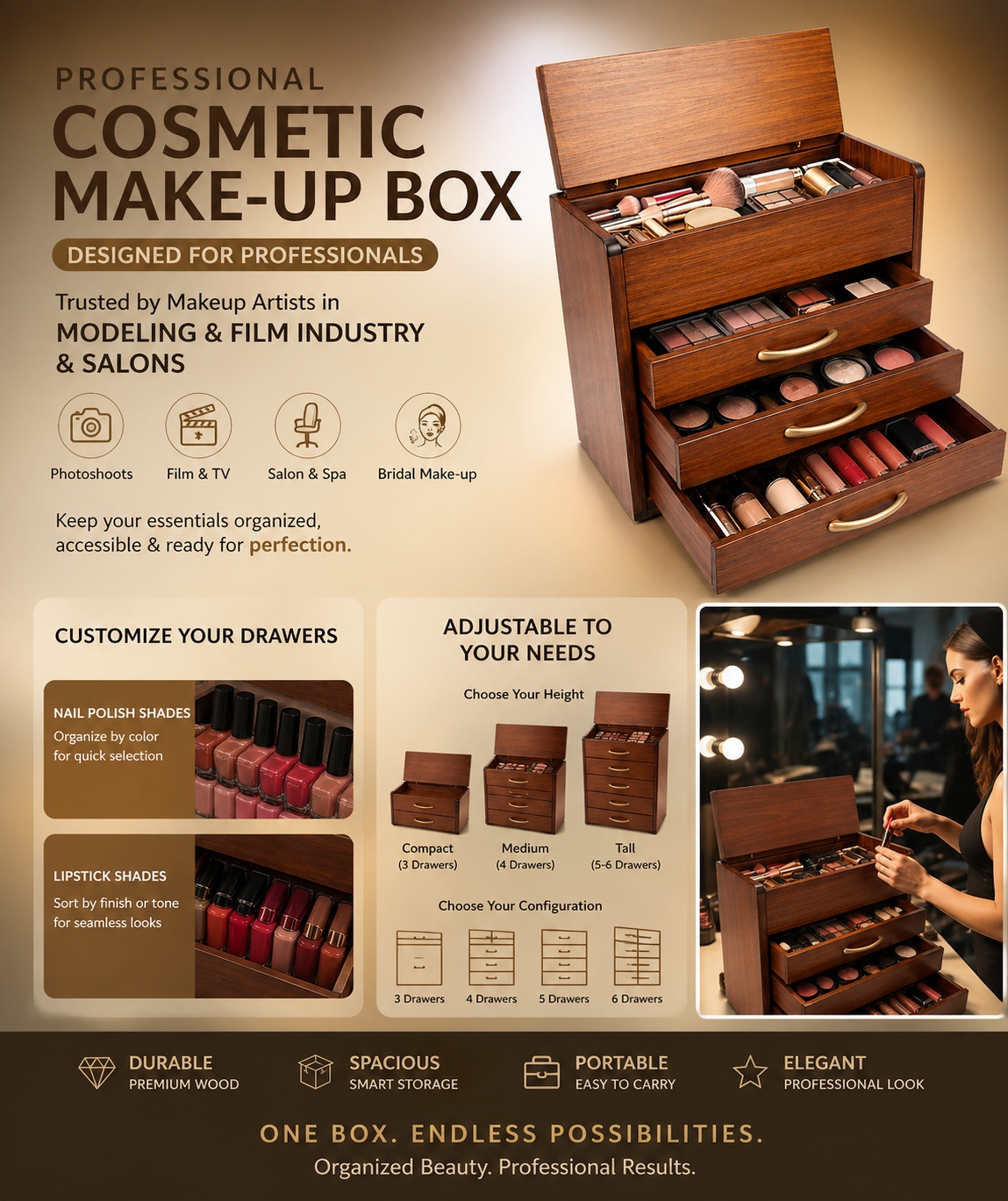 Multi-Drawer Wooden Cosmetic Storage Box | Makeup Organizer for Vanity & Dressing Table