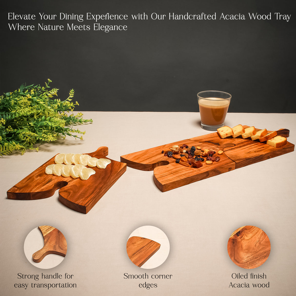 Acacia Wood 3-Piece Puzzle Platter Set – Interlocking Tray for Appetizers & Snacks