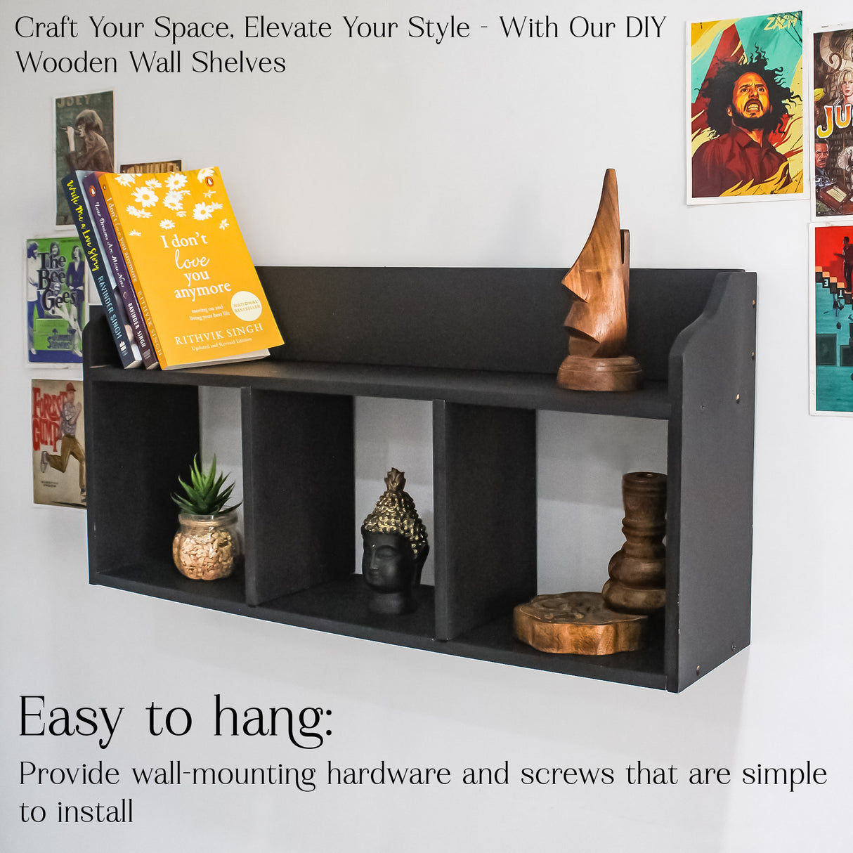 DIY Wooden Floating Shelf with Compartments (Black)