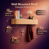Floating Wall Shelf with Hooks – Wooden Entryway Organizer, Key Holder, Coat Rack & Storage Shelf for Home