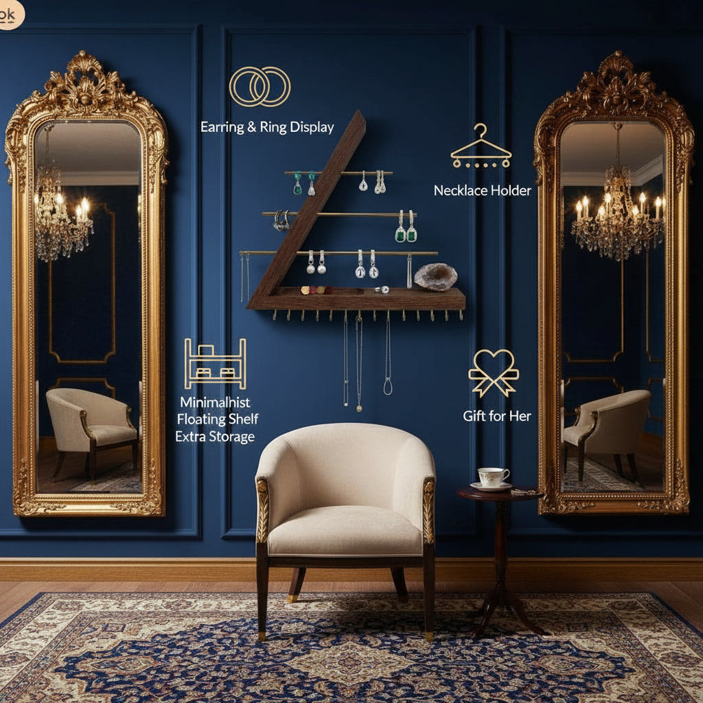 Modern Wooden Jewelry Organizer Wall Shelf with Brass Bars – Sculptural Display & Storage Rack for Necklaces, Earrings & Rings