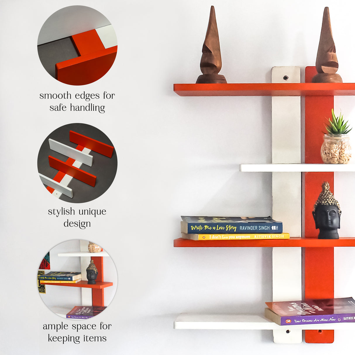 Modern Wooden Floating DIY Wall Shelf (Orange)