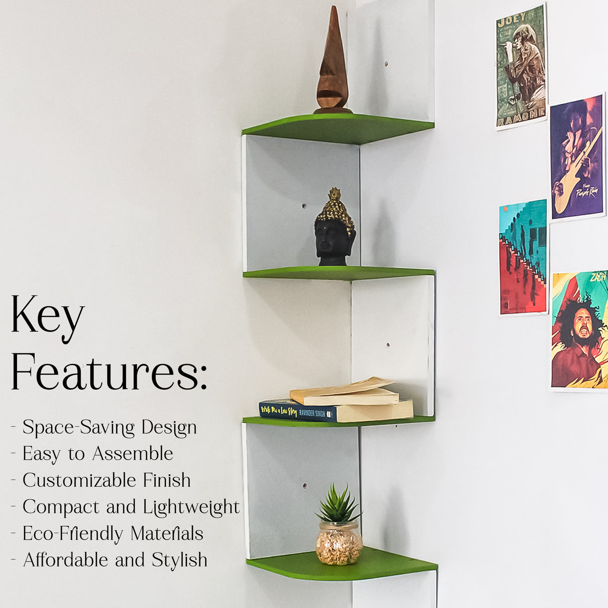 5-Tier Floating Corner Wall Shelf (Green & White)