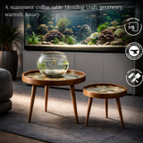 Handcrafted Wooden Coffee Table Set of 2 – Round Nesting Side Tables with Floral Inlay Top – Solid Wood Accent Tables for Living Room, Balcony & Bedroom Décor