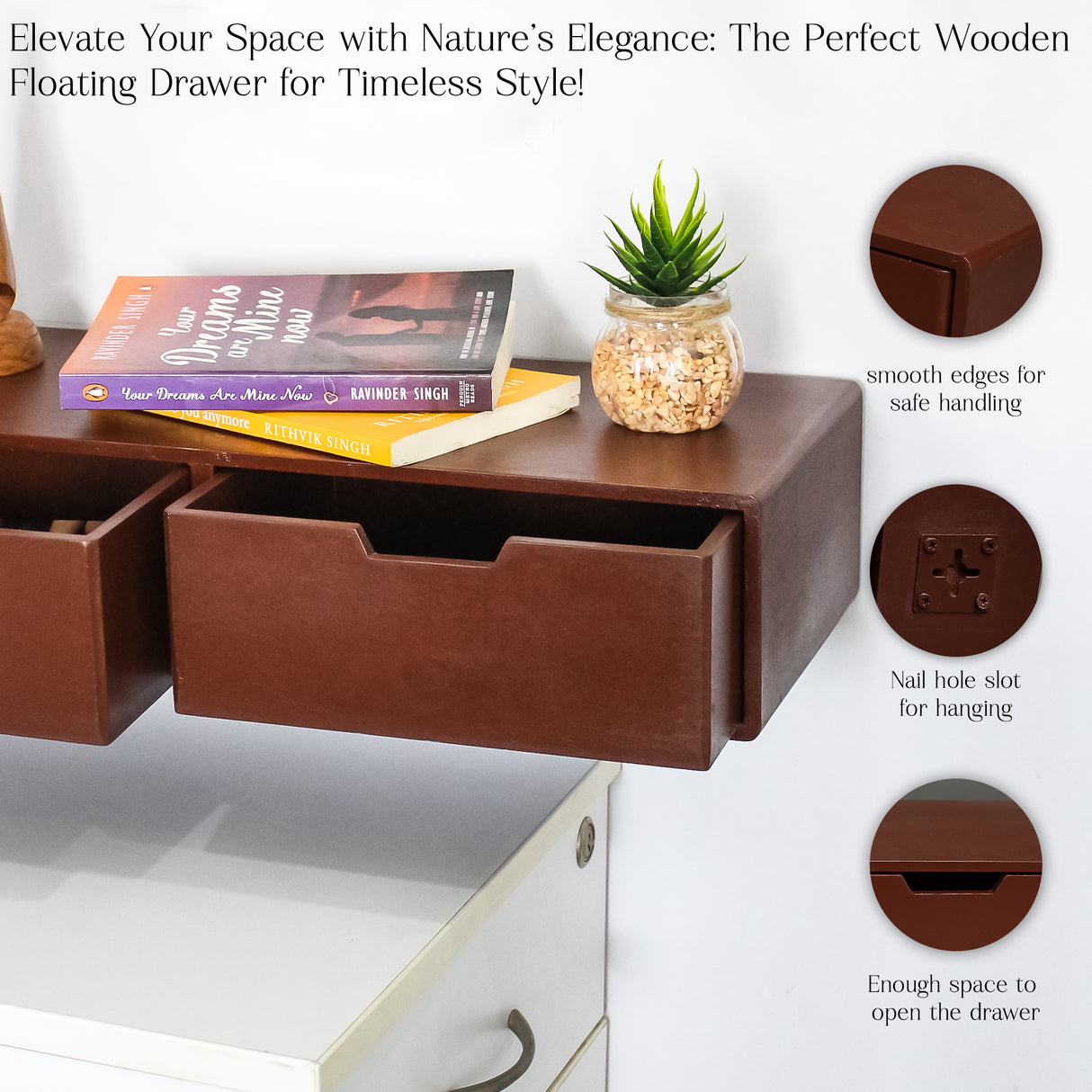 Modern Wooden Dual Floating Drawer - Wall-Mounted Storage Solution (Brown)